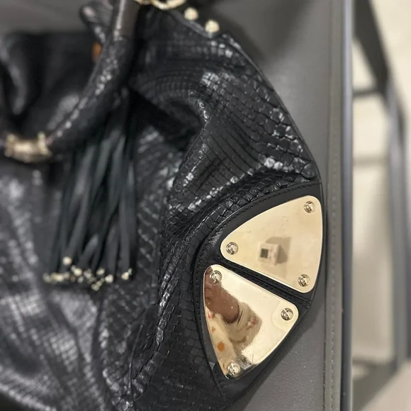 Gucci Black Python-Embossed Leather Bamboo Tassel Hobo Bag with Gold Corners - Picture 5 of 8